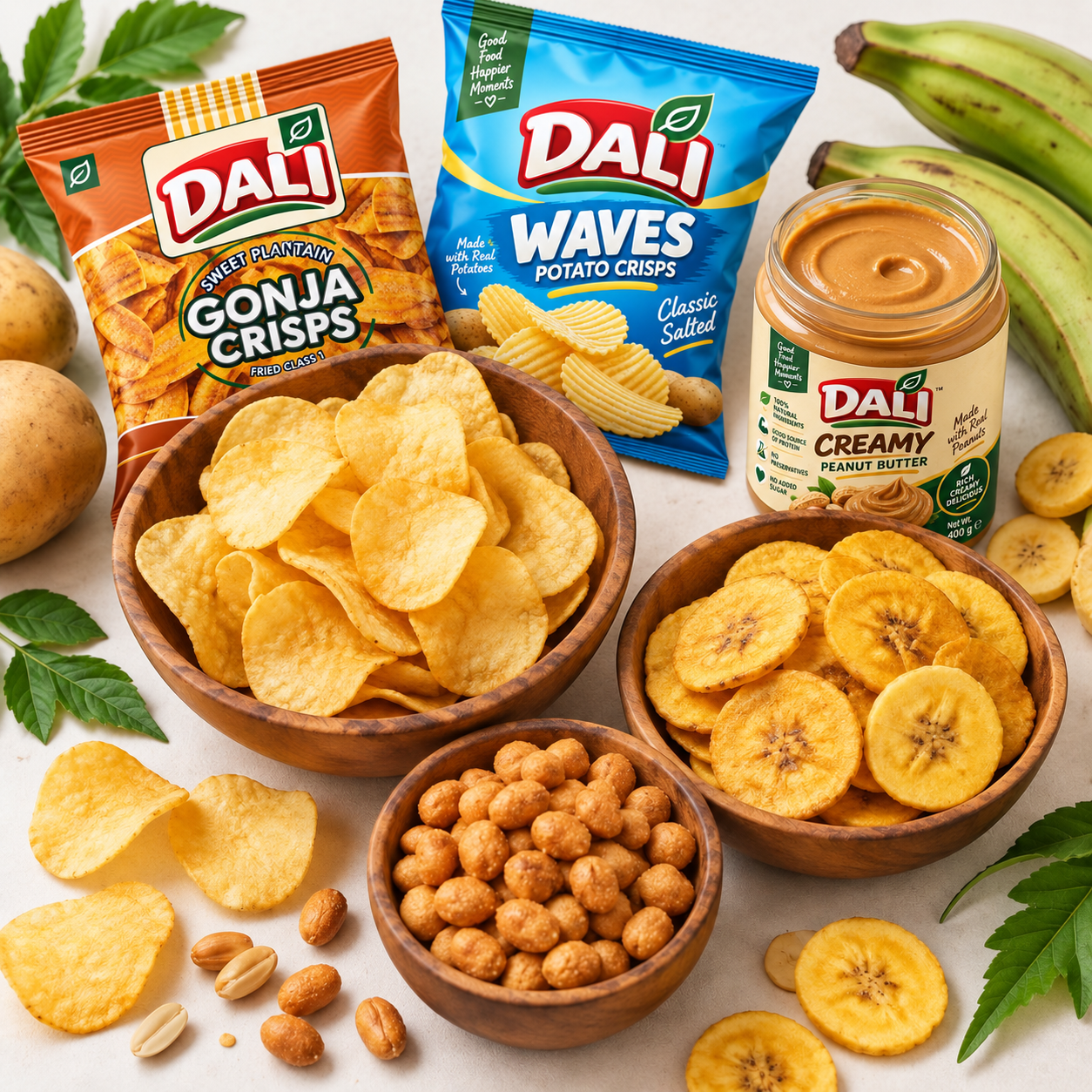 Dali potato crisps, gonja crisps, coated peanuts and creamy peanut butter